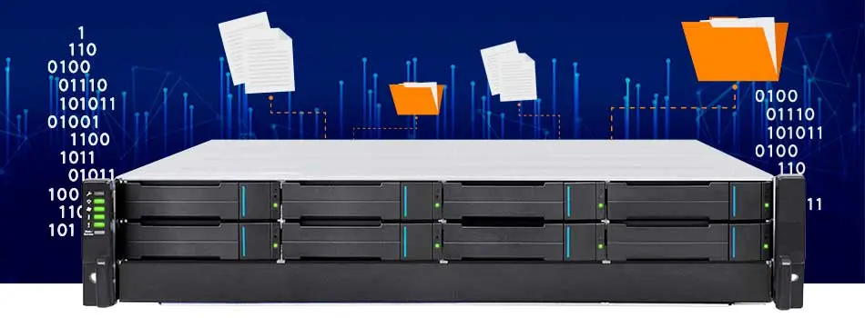 Storage NAS Infortrend com dados e arquivos indo em direção a ele, posicionando como a melhor solução de servidor de arquivos