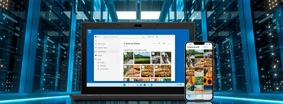 Como funciona o armazenamento em nuvem? ambiente de datacenter com um notebook em destaque com a tela do iCloud aberta e disponível no smartphone ao lado