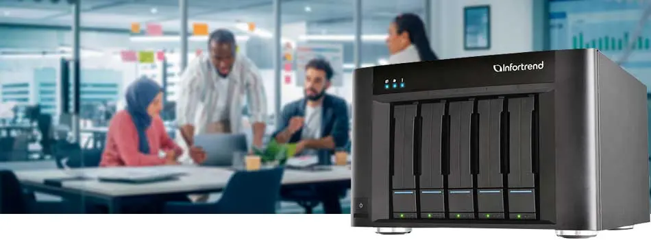 Storage NAS posicionado na frente da tela com um fundo de escritório, melhor servidor de arquivos